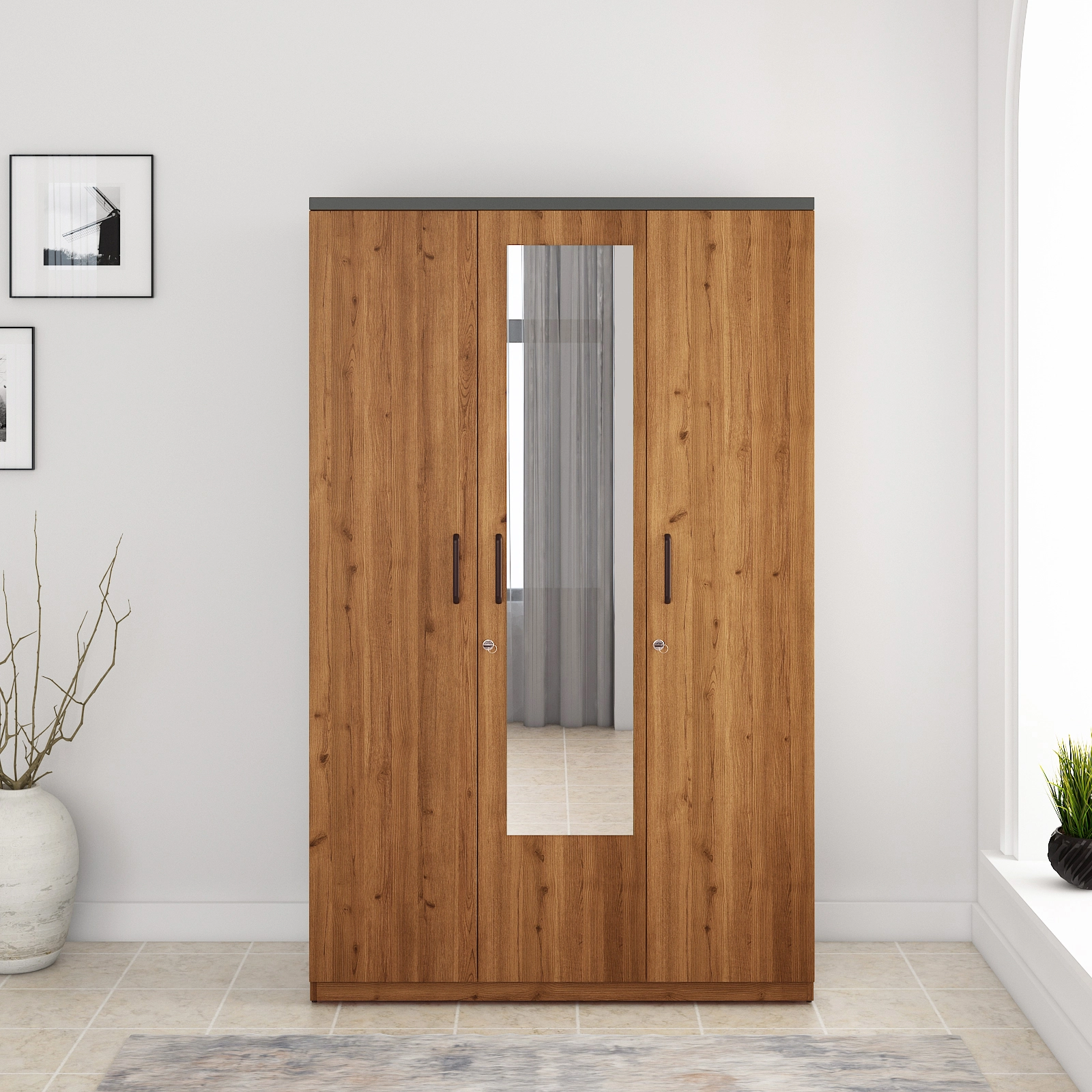 Roma 3 Door Wardrobe With Mirror New- Mol-acacia Dark - Woodpore